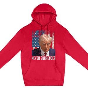 Never Surrender Trump Mug Shot 2024 President American Flag Premium Pullover Hoodie