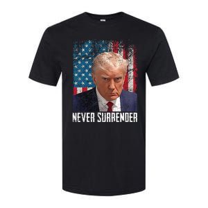 Never Surrender Trump Mug Shot 2024 President American Flag Softstyle CVC T-Shirt