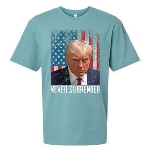 Never Surrender Trump Mug Shot 2024 President American Flag Sueded Cloud Jersey T-Shirt