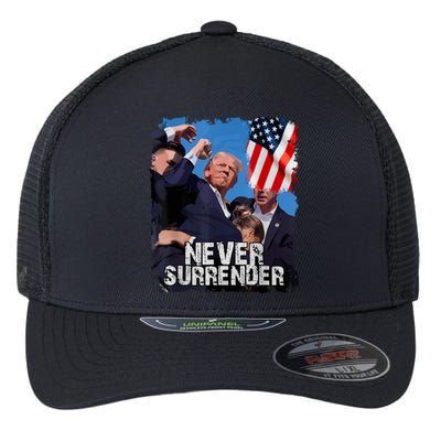 Never Surrender Trump Rushed Offstage With Blood Shooting Flexfit Unipanel Trucker Cap