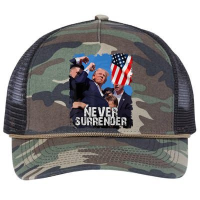 Never Surrender Trump Rushed Offstage With Blood Shooting Retro Rope Trucker Hat Cap