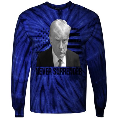 Never Surrender Trump Mug Shot 2024 Tie-Dye Long Sleeve Shirt