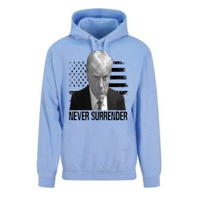 Never Surrender Trump Mug Shot 2024 Unisex Surf Hoodie