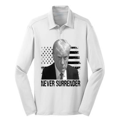 Never Surrender Trump Mug Shot 2024 Silk Touch Performance Long Sleeve Polo