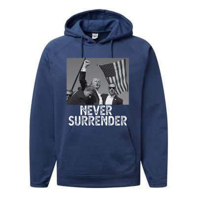 Never Surrender Trump Statement Shooting Pray For Trump Performance Fleece Hoodie