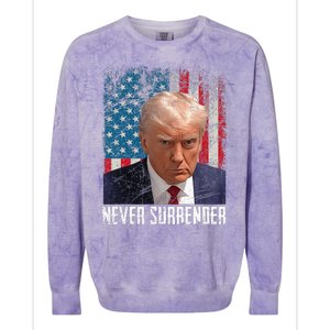 Never Surrender Trump Mug Shot 2024 President American Flag Colorblast Crewneck Sweatshirt