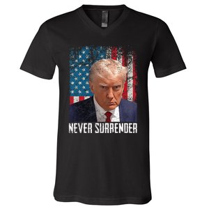 Never Surrender Trump Mug Shot 2024 President American Flag V-Neck T-Shirt