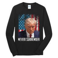 Never Surrender Trump Mug Shot 2024 President American Flag Tall Long Sleeve T-Shirt