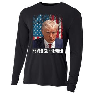 Never Surrender Trump Mug Shot 2024 President American Flag Cooling Performance Long Sleeve Crew