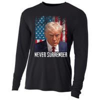 Never Surrender Trump Mug Shot 2024 President American Flag Cooling Performance Long Sleeve Crew