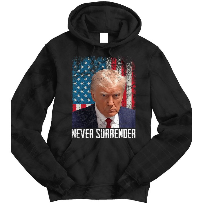 Never Surrender Trump Mug Shot 2024 President American Flag Tie Dye Hoodie