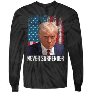 Never Surrender Trump Mug Shot 2024 President American Flag Tie-Dye Long Sleeve Shirt