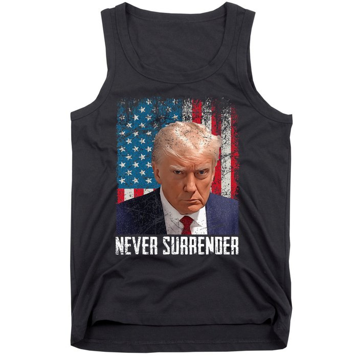 Never Surrender Trump Mug Shot 2024 President American Flag Tank Top