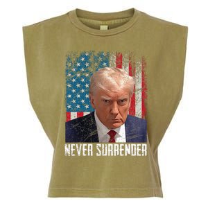 Never Surrender Trump Mug Shot 2024 President American Flag Garment-Dyed Women's Muscle Tee