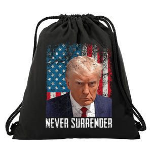 Never Surrender Trump Mug Shot 2024 President American Flag Drawstring Bag