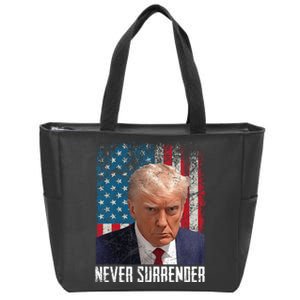 Never Surrender Trump Mug Shot 2024 President American Flag Zip Tote Bag