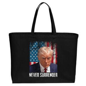 Never Surrender Trump Mug Shot 2024 President American Flag Cotton Canvas Jumbo Tote