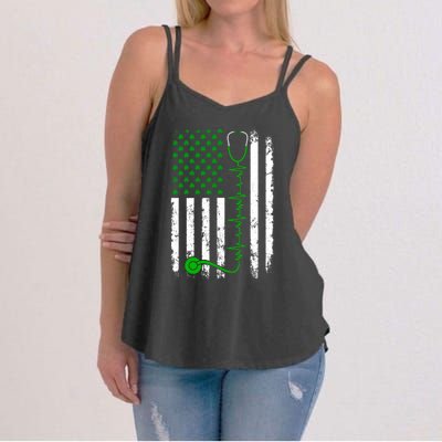 Nurse Shamrock Us Flag Stethoscope St Patricks Day Heartbeat Gift Women's Strappy Tank