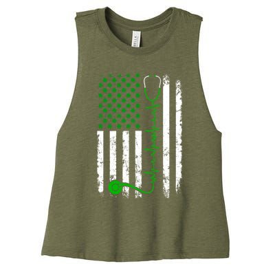 Nurse Shamrock Us Flag Stethoscope St Patricks Day Heartbeat Gift Women's Racerback Cropped Tank