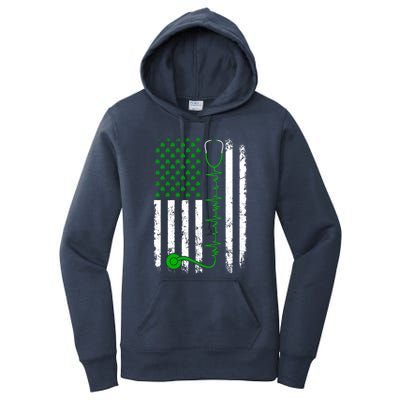 Nurse Shamrock Us Flag Stethoscope St Patricks Day Heartbeat Gift Women's Pullover Hoodie