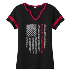 Never Surrender Usa Flag Never Surrender Ladies Halftime Notch Neck Tee