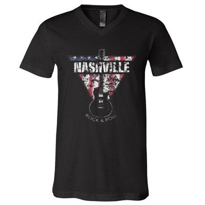 Nashville Souvenir Vintage American Flag Guitar Player V-Neck T-Shirt