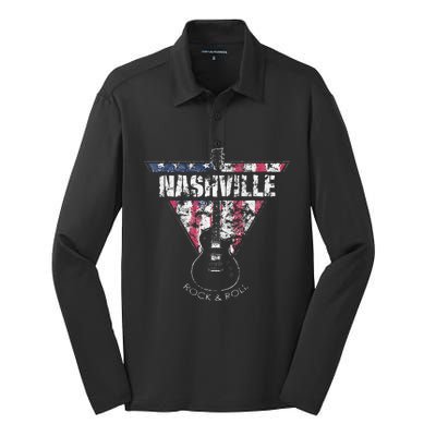 Nashville Souvenir Vintage American Flag Guitar Player Silk Touch Performance Long Sleeve Polo