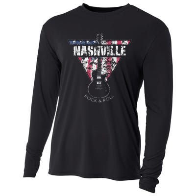 Nashville Souvenir Vintage American Flag Guitar Player Cooling Performance Long Sleeve Crew