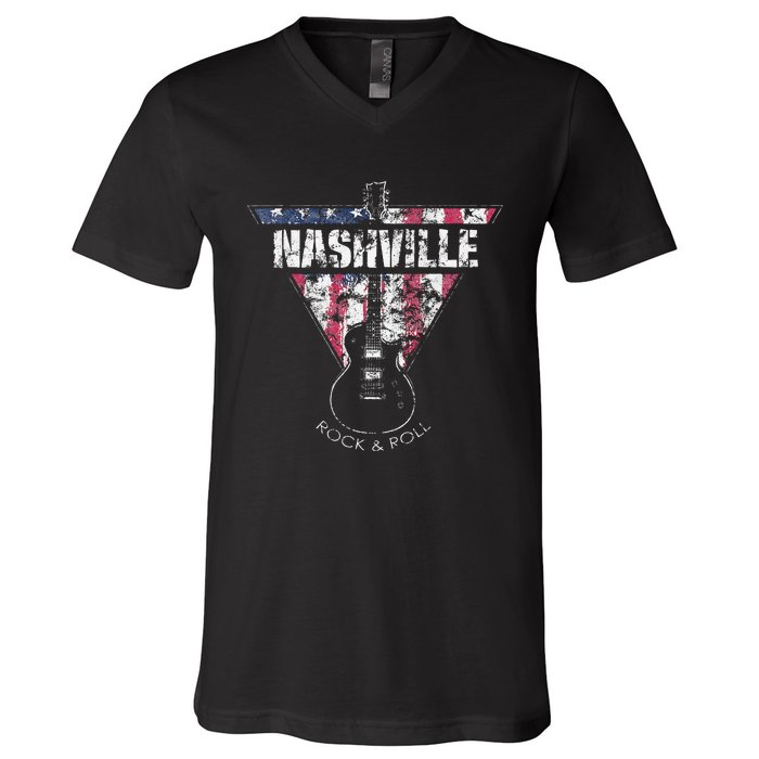 Nashville Souvenir Vintage American Flag Guitar Player V-Neck T-Shirt