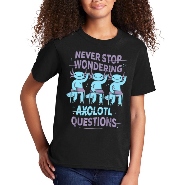 Never Stop Wondering AXOLOTL QUESTIONS For Axolotl Lovers Kids T-Shirt