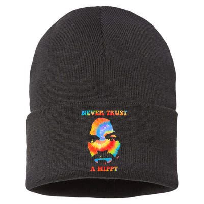 Never Trust A Hippy Funny Sustainable Knit Beanie