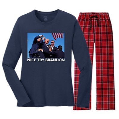 Nice Try Brandon Donald Trump Rally Failed Assassination Women's Long Sleeve Flannel Pajama Set 