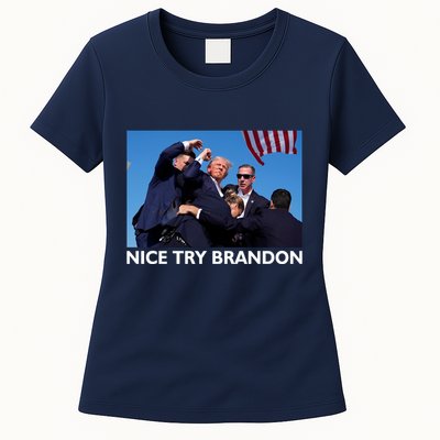 Nice Try Brandon Donald Trump Rally Failed Assassination Womens T-Shirt