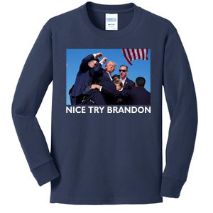 Nice Try Brandon Donald Trump Rally Failed Assassination Kids Long Sleeve Shirt