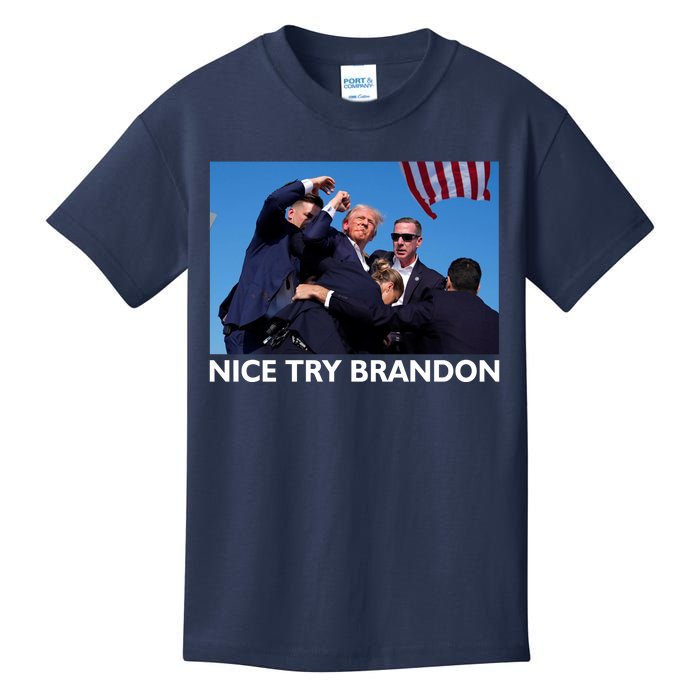 Nice Try Brandon Donald Trump Rally Failed Assassination Kids T-Shirt