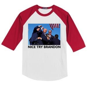 Nice Try Brandon Donald Trump Rally Failed Assassination Kids Colorblock Raglan Jersey