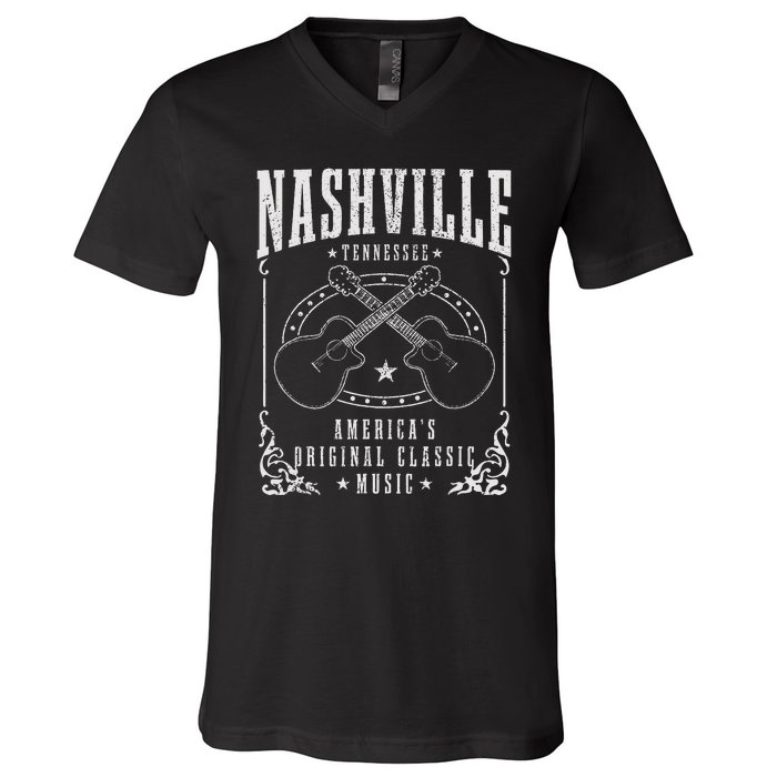 Nashville Tennessee Country Music City Guitar V-Neck T-Shirt