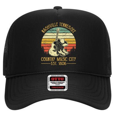 Nashville Tennessee Country Music City Boots Hat Guitar High Crown Mesh Back Trucker Hat