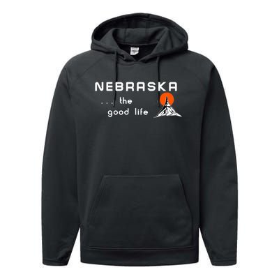 Nebraska The Good Life Vintage Road Sign Performance Fleece Hoodie