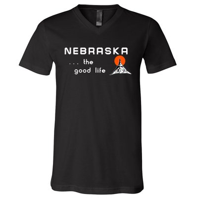 Nebraska The Good Life Vintage Road Sign V-Neck T-Shirt