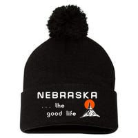 Nebraska The Good Life Vintage Road Sign Pom Pom 12in Knit Beanie