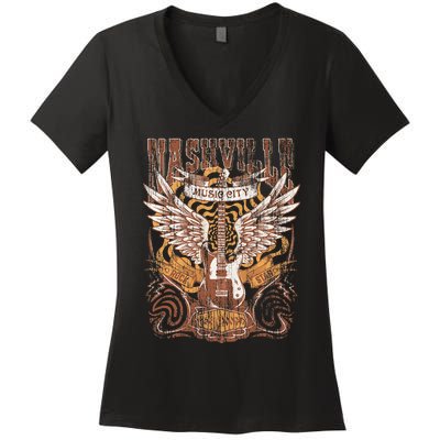 Nashville Tennessee Guitar Country Music City Guitarist Gift Women's V-Neck T-Shirt