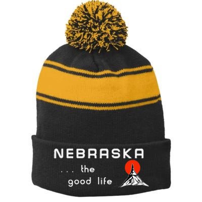 Nebraska The Good Life Vintage Road Sign Stripe Pom Pom Beanie