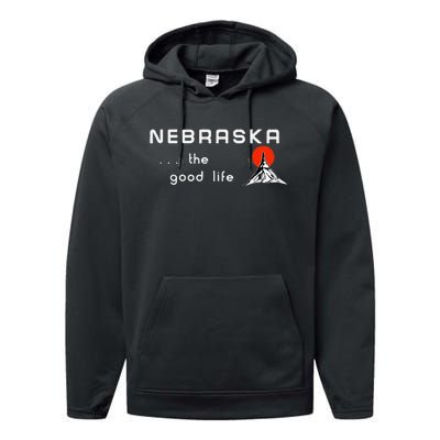 Nebraska The Good Life Vintage Road Sign Performance Fleece Hoodie