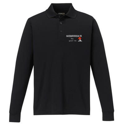 Nebraska The Good Life Vintage Road Sign Performance Long Sleeve Polo