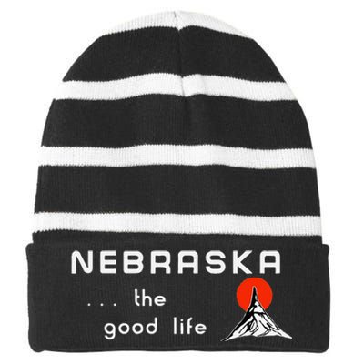 Nebraska The Good Life Vintage Road Sign Striped Beanie with Solid Band