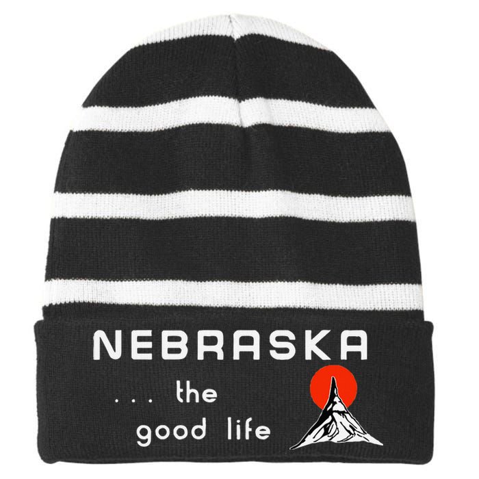 Nebraska The Good Life Vintage Road Sign Striped Beanie with Solid Band