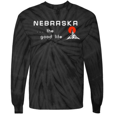 Nebraska The Good Life Vintage Road Sign Tie-Dye Long Sleeve Shirt