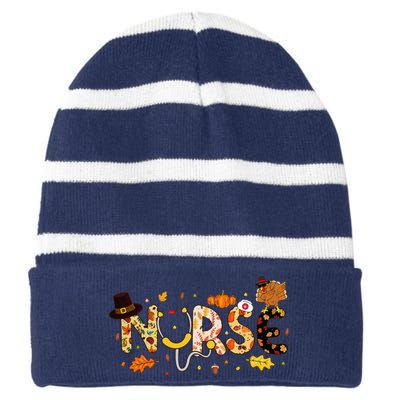 Nurse Thanksgiving Health Worker Nurse Nursing Fall Turkey Striped Beanie with Solid Band