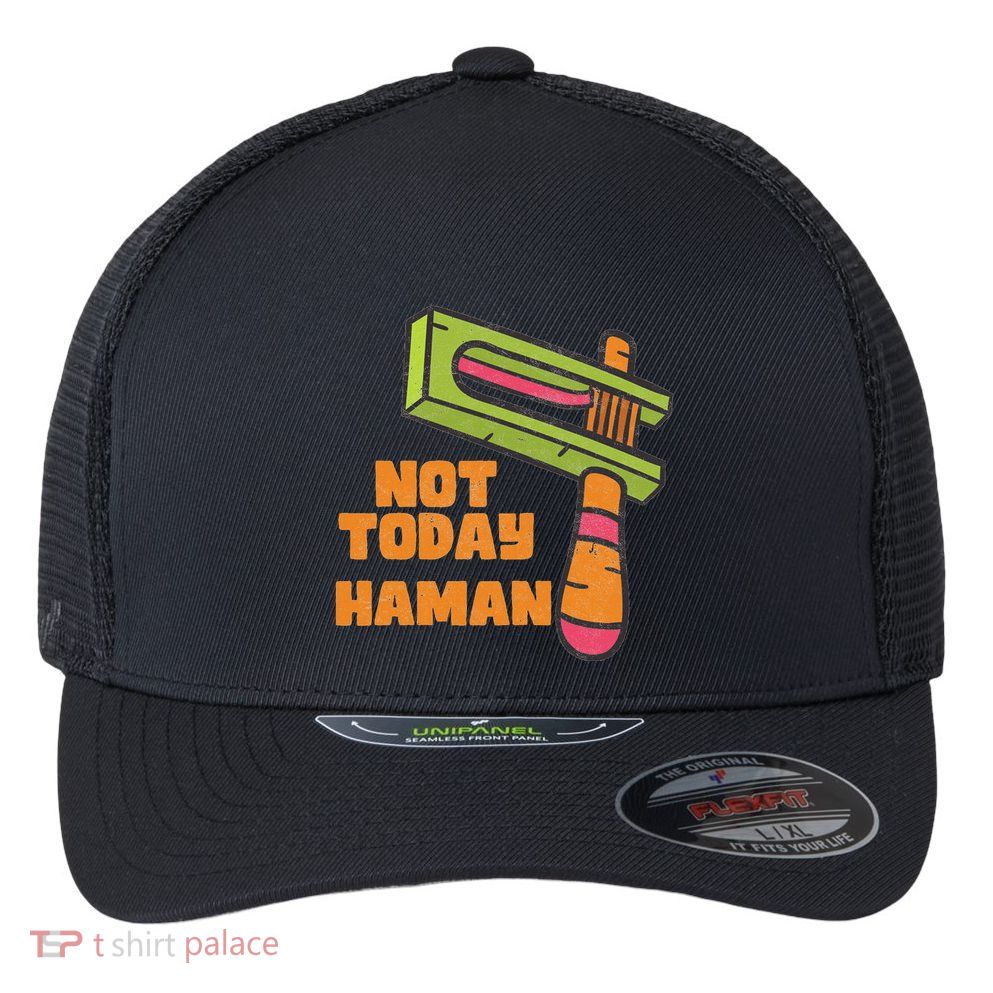 Not Today Haman Costume Purim Queen Esther Party Groggers Flexfit Unipanel Trucker Cap